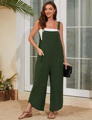 Vista 3 de Gihuo Overol de algodón y lino para mujer, holgado, sin mangas, con pechera, pantalones de pierna ancha con bolsillos
