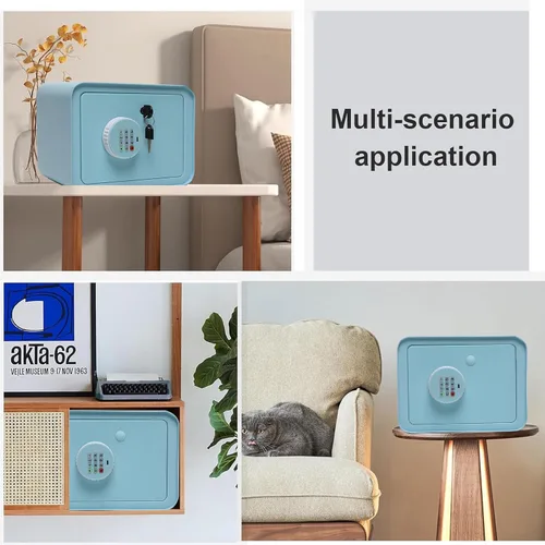 Vista 7 de Mini caja de seguridad pequeña para niños, alcancía para niños y niñas, caja fuerte azul con llave