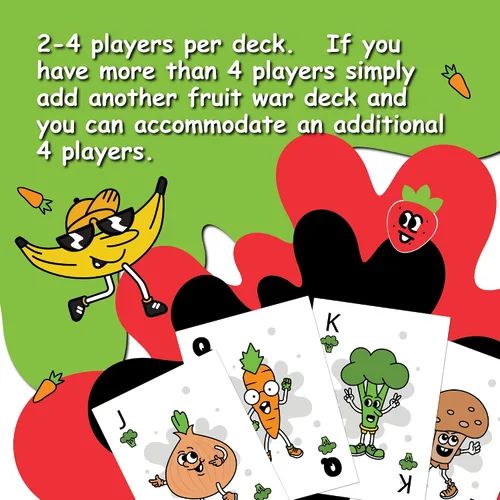 Vista 4 de Juegos Fruit War, un juego familiar que es un giro en el clásico juego de cartas de guerra, con juego más rápido, batallas intensas y personajes