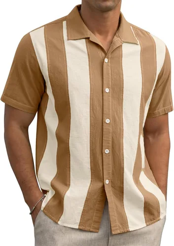 Vista 5 de Camisa de verano a rayas para hombre, camisa de guayabera cubana con botones, camisa de manga corta para playa, camisas hawaianas de trabajo casual