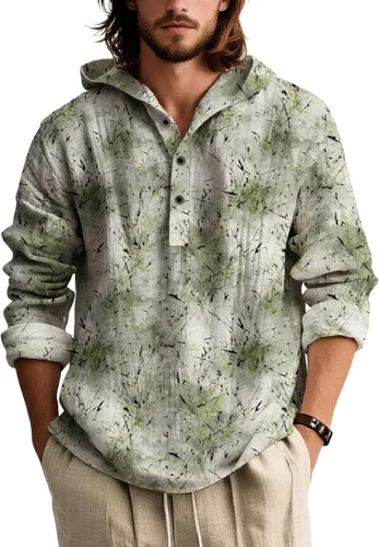 Vista 10 de Sudadera con capucha con estampado bohemio para hombre, de otoño, a la moda, con un cuarto de botón, manga larga, holgada, con capucha, de gran