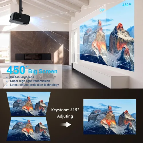 Vista 9 de Proyector grande ANSI 4500 con WiFi y Bluetooth, proyector de película de pantalla de 450 pulgadas con altavoz HIFI, proyectores 4K de alto brillo