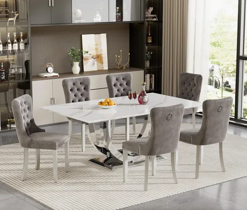 Vista 15 de HomVent Juego de mesa de comedor rectangular para 4, juego de mesa de cocina rectangular, juego de mesa de comedor de mármol sintético, juego