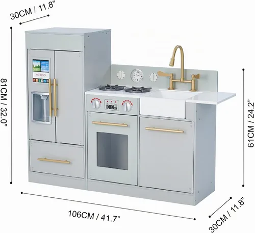 Vista 2 de Teamson Kids Little Chef Charlotte - Cocina Moderna Modular Interactiva de Madera para Jugar con Refrigerador, Estufa y Lavabo en Gris con Acentos
