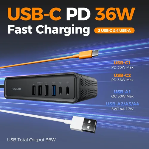 Vista 3 de TESSAN - Inversor de corriente para automóvil de 200 W, convertidor de 12 V CC a 110 V CA con 2 salidas de CA y 6 puertos USB con USB de 36 W