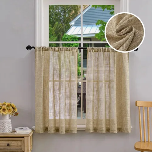 Vista 15 de Beda Home - Paneles de cortina texturizados de lino para cocina, sala de estar; paneles cortos rústicos filtrantes de luz para ventanas pequeñas