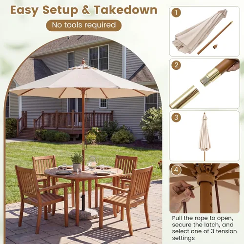 Vista 7 de HAPPYGRILL Sombrilla de patio de 9 pies, sombrilla de mercado para mesa al aire libre con 8 varillas de bambú resistentes, poste de madera, toldo