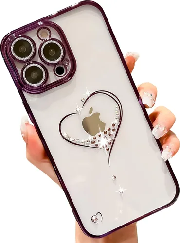 Vista 11 de Bling Glitter Heart compatible con iPhone 13 Pro de 6.1 pulgadas, bonito protector de cámara completo brillante para mujer, funda de teléfono Oro