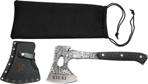 Vista 6 de ROUTE83 - Cuchillos martillados a mano con hacha táctica de hacha Tomahawk chapada en titanio con funda Kydex