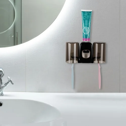 Vista 6 de Soporte de pared para cepillos de dientes con 4 ranuras con tapa, organizador de almacenamiento de cepillos de dientes autoadhesivo para ducha