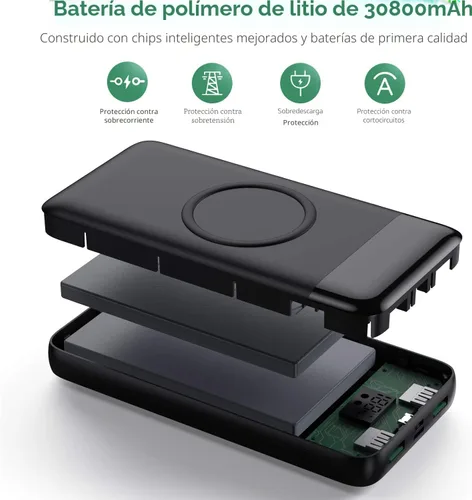 Vista 6 de Wireless Portable Charger 30,800mAh,15W Wireless Charging USB C Power Bank,25W PD QC 4.0 Fast Charging 4 Outputs Travel Essentials Battery Pack Negro