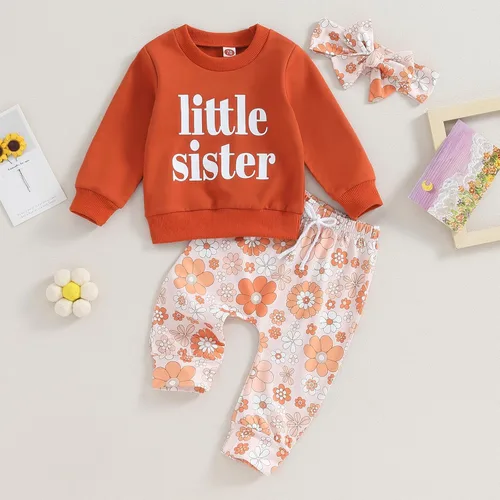 Vista 6 de CIYCUIT Conjunto de 3 piezas de sudadera de margaritas + pantalones + diadema, ropa infantil de otoño e invierno