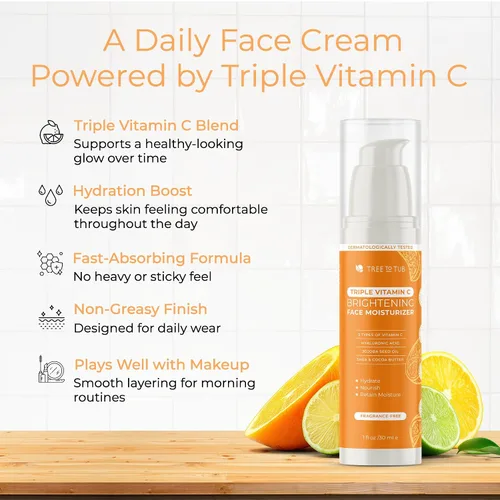Vista 3 de Tree To Tub Crema facial con vitamina C, hidratante de triple acción con vitamina C para la cara, hidratante facial para mujeres, crema de vitamina