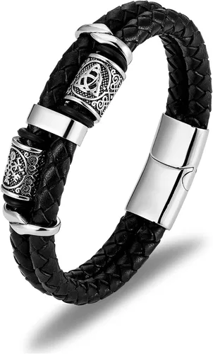 Vista 8 de Pulsera vikinga con brújula celta, brazalete de cuero trenzado negro de 14K bañado en oro para hombres, joyería de acero inoxidable 316L para mujer