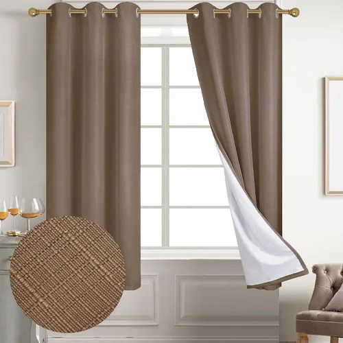 Vista 121 de Diraysid Cortinas 100% opacas de lino beige para dormitorio, con ojales, aislamiento térmico, cortinas de oscurecimiento de habitación