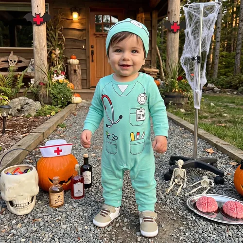 Vista 2 de Baby Halloween Costumes Long Sleeve Romper with Hat 0-24M Green