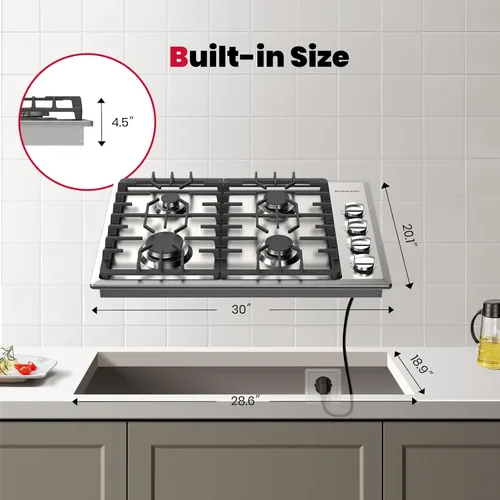 Vista 5 de GASLAND Cocina de gas de 30 pulgadas con 4 quemadores PRO GH2304SS, cocinas de gas NG/GLP convertibles a gas natural y propano, encendido