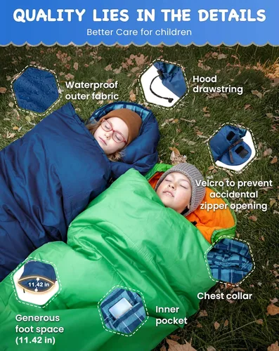 Vista 4 de KingCamp 45°F Kids Sleeping Bag, 100% Flannel Sleeping Bag for 10-12 Child