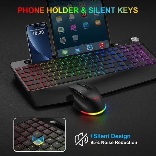 Vista 6 de BlueFinger Combo de teclado y mouse inalámbricos retroiluminados, teclado ergonómico recargable de 2.4 G con reposamuñecas, soporte para teléfono