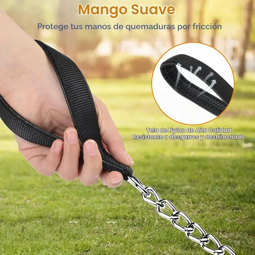 Vista 4 de PETTOM Correa de cadena de metal para perros, cuerda de acero resistente a prueba de mordidas con mango acolchado para perros medianos y grandes