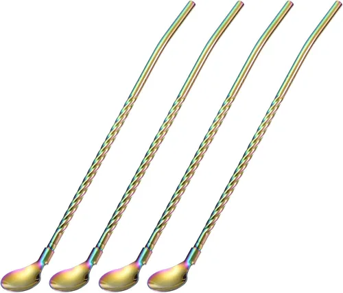 Vista 12 de uxcell Pajitas de cuchara de acero inoxidable, 4 pajitas de metal reutilizables de 8.6 pulgadas con mango largo para batidos y cócteles, color negro