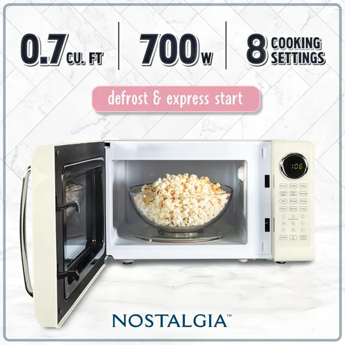 Vista 80 de Nostalgia Horno microondas retro compacto para encimera, 0.7 pies cúbicos, 700 vatios con pantalla digital LED, bloqueo para niños, interior fácil