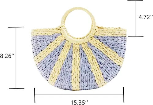 Vista 2 de Bolsos de paja de ratán semicírculo, tejido a mano para mujer, bolso de asas retro de paja de verano, bolso cruzado colorido, bolso bohemio