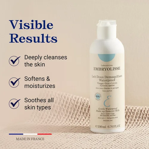 Vista 3 de Embryolisse Leche desmaquillante suave e impermeable, limpiador facial hidratante 4 en 1 para pieles sensibles con aloe vera y manteca de karité
