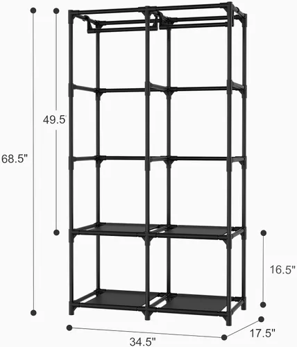 Vista 3 de Armario portátil para colgar ropa, armario portátil con tapa, 4 estantes de almacenamiento, 2 varillas para colgar y 8 bolsillos laterales, fácil