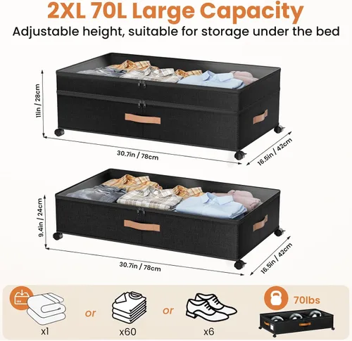 Vista 2 de Almacenamiento Debajo de la Cama con Ruedas, 72L XXL Contenedores de Almacenamiento Debajo de la Cama Grandes, 10'' de Alto Almacenamiento Ajustable