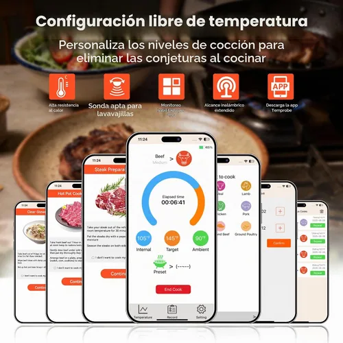 Vista 4 de TechRise Termómetro inalámbrico Bluetooth para carne con aplicación, termómetro digital inalámbrico para horno, ahumador, freidora de aire, cocina