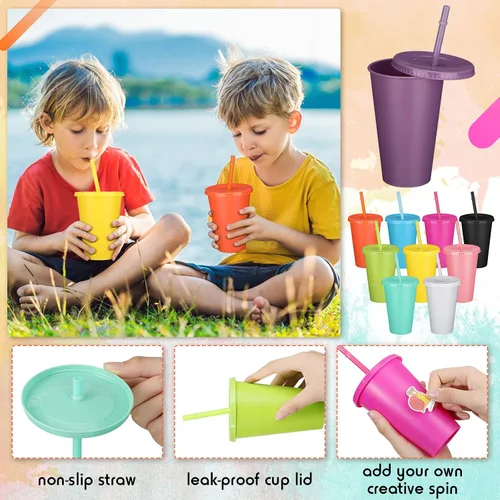 Vista 3 de Remerry 80 vasos de plástico a granel con tapas y pajillas, vasos reutilizables multicolor de 16 onzas con tapas y pajita, tazas de café