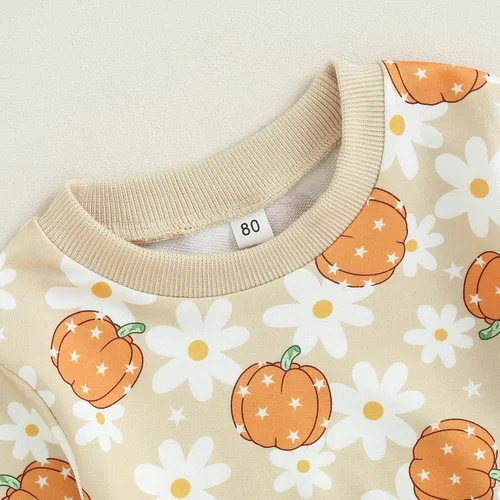 Vista 5 de Kayotuas Conjunto de camisa y pantalones de manga larga con cuello redondo para bebé, disfraz de calabaza, fantasma, calabaza, fantasma, camiseta