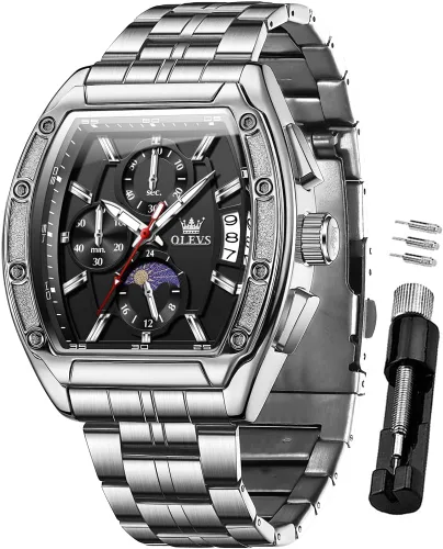 Vista 12 de OLEVS Watch Men Big Square Face Chronograph Stainless Steel Dress Watch Todo negro