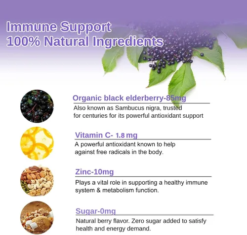 Vista 3 de AFXMATE Sambucus Gomitas de saúco, saúco negro con zinc y vitamina C para adultos, apoyo inmunológico sin azúcar* gomitas de suplemento