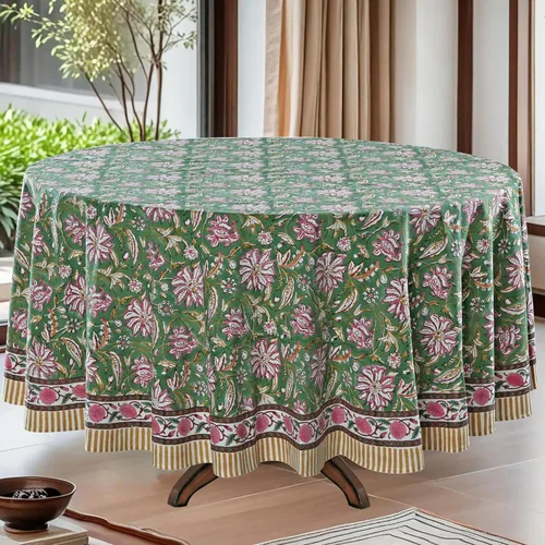 Vista 12 de Ridhi Mantel redondo estampado a mano color rosa flamenco 120 pulgadas 100%