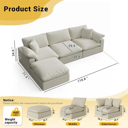 Vista 2 de Sofá modular Cloud para sala de estar, sofás de mezcla de lino en forma de L, modernos sofás de nube de asiento profundo, sofás seccionales Beige