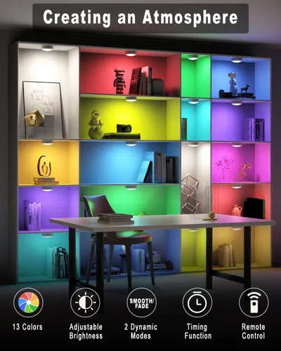 Vista 6 de HELPLEX - Luces LED de disco con control remoto, paquete de 3 luces adhesivas de color intercambiable RGBW, con pilas, iluminación regulable debajo