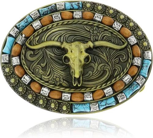 Vista 21 de RechicGu Hebilla de cinturón ovalada de calavera de toro de cuerno largo, cuentas de madera turquesa nativa americana, hebillas de vaquero