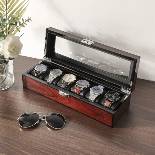 Vista 6 de IBUYKE JWB006H - Caja de reloj con almohada extraíble de 6 ranuras de madera maciza para hombre, organizador de joyas con tapa de cristal grande