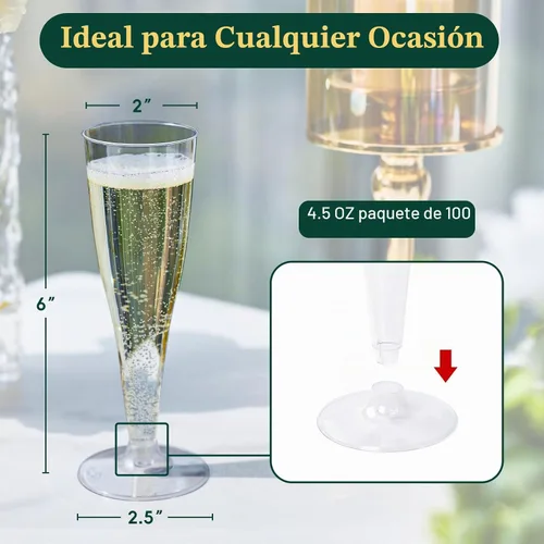 Vista 2 de FOCUSLINE Paquete de 100 copas de champán de plástico de 4.5 onzas, vasos de champán de plástico transparente, vasos desechables para tostado, vasos
