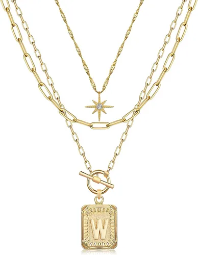 Vista 35 de MJartoria Collares con iniciales en capas para mujer, modernos, chapados en oro de 14 quilates, cadena de papel, collar sencillo con dije de Dorado