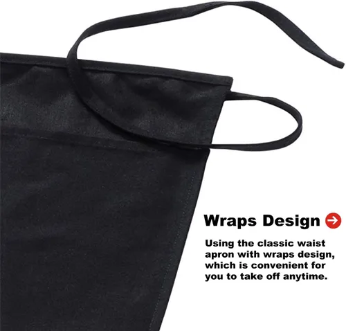 Vista 4 de TOPTIE Paquete de 2 delantales de cintura para camarero y servidor bistró con 3 bolsillos, medios delantales para restaurante y cocina, 24 pulgadas