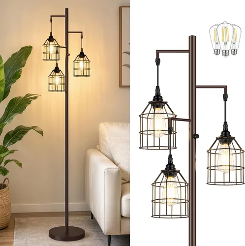 Vista 8 de Sucolite Lámpara de Pie Regulable de 70" para Sala de Estar, Lámpara de Pie Industrial de Árbol de 3 Luces Negra con Jaulas, Lámpara de Pie Alta
