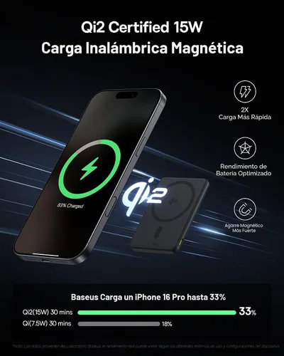 Vista 5 de Baseus Picogo Banco de Energía, Cargador Portátil Certificado Qi2 de 15W MagSafe Más Pequeño, Batería Magnética de 5000mAh de 0.5" Ultra Delgada