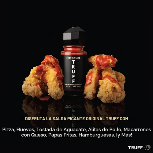 Vista 3 de TRUFF Paquete de 4 mini juego de salsa picante, botellas de viaje portátiles de salsa picante gourmet, trufa negra y chiles, idea de regalo