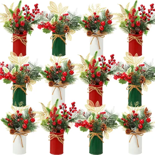 Vista 9 de Tioncy 6 Set Christmas Floral Table Centerpiece Bulk Bark Frosted Woodland Artificial Holly Red Berry Pine Cone Greenery Stems Picks Arrangement