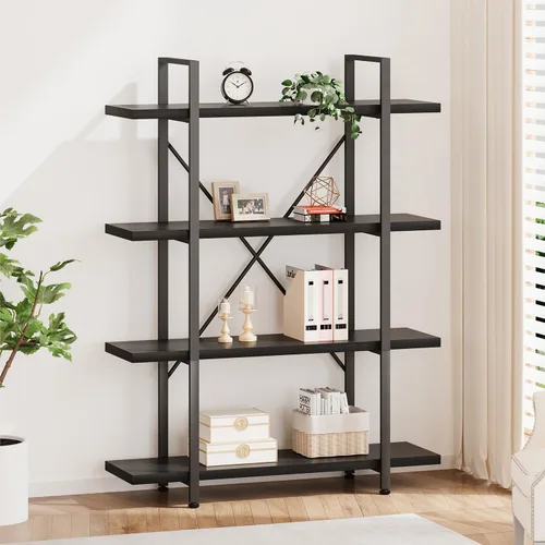 Vista 10 de HSH - Estantería de 3 niveles en negro, estanterías de almacenamiento pequeñas de metal y madera industriales, estanterías modernas abiertas de 3