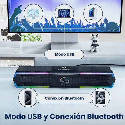 Vista 4 de Tylubio Altavoces de computadora para PC de escritorio con sonido claro, altavoz LED de PC que fluye para computadora de escritorio y portátil