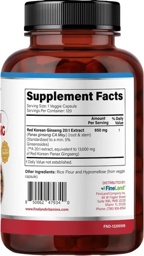 Vista 7 de FineLand Red Korean Panax Ginseng Extracto 20:1 - Suplemento concentrado de apoyo inmunológico y cognitivo para hombres y mujeres - 120 cápsulas